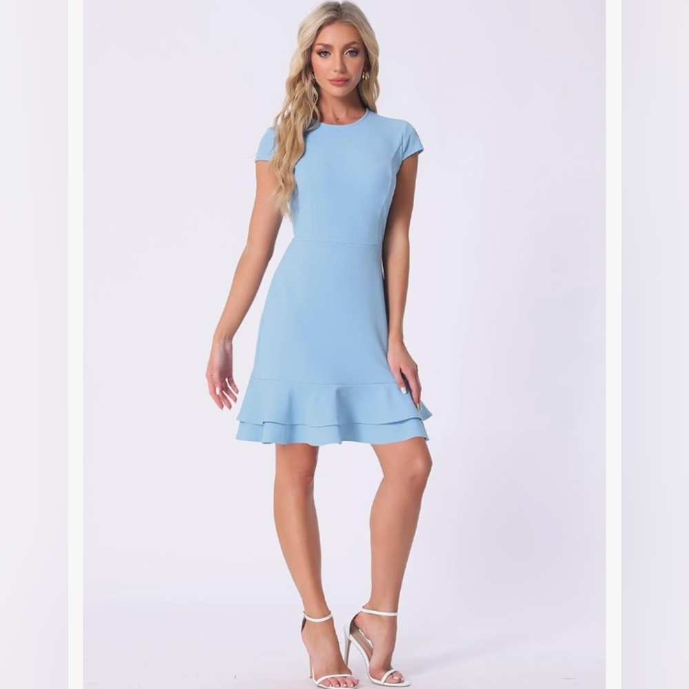Allegra K - Sky Blue Cap Sleeve Round Neck Tiered Ruffled Hem Midi Dress